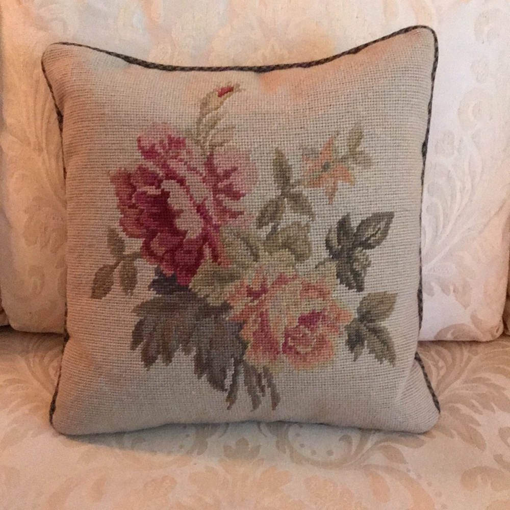 Lauren Ralph Lauren Grosvenor Square Needlepoint Wool Pillow Pink Roses Cottage